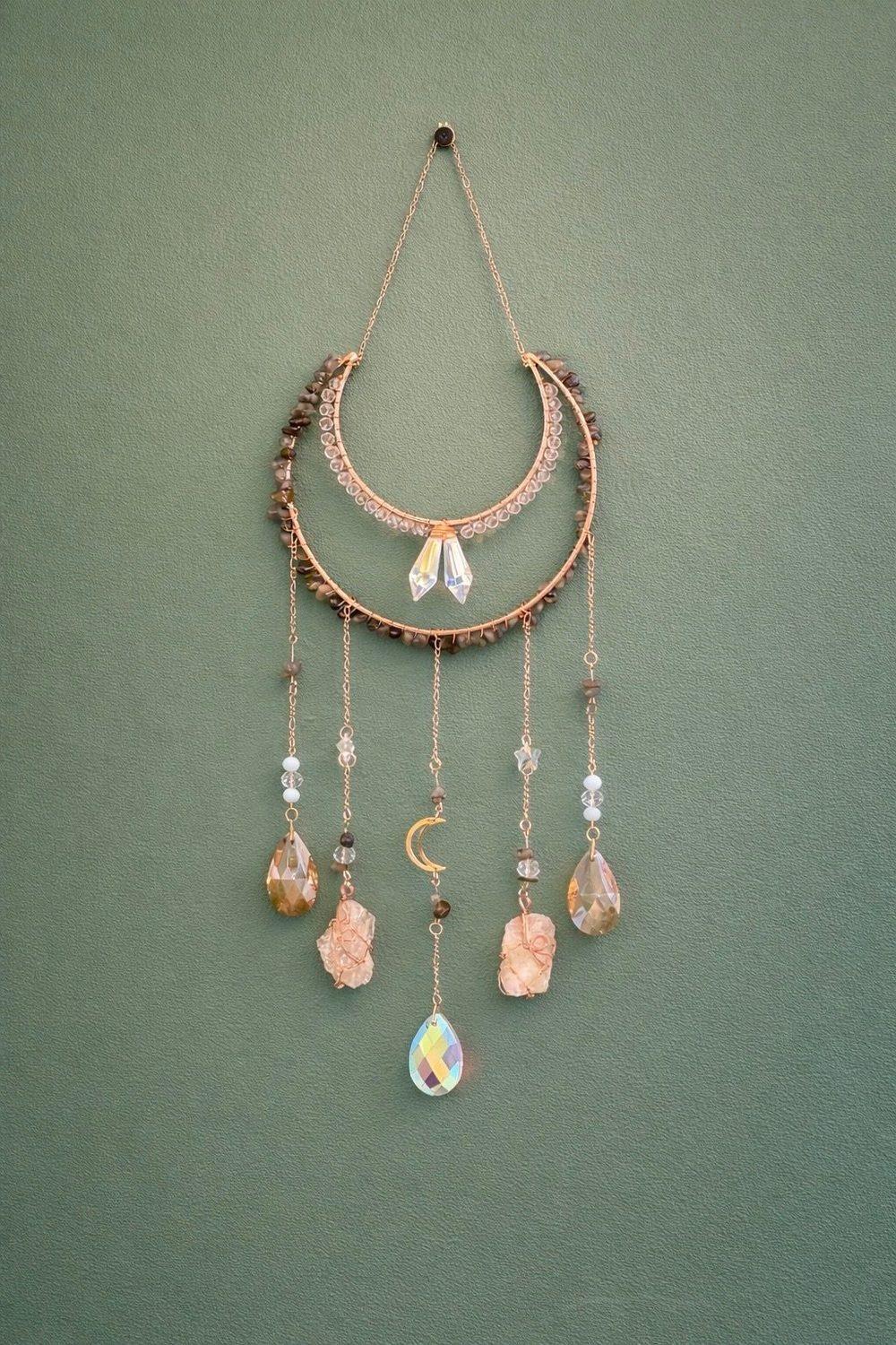 Attrape-soleil en quartz rose, citrine et cristaux facettés, création faite main
